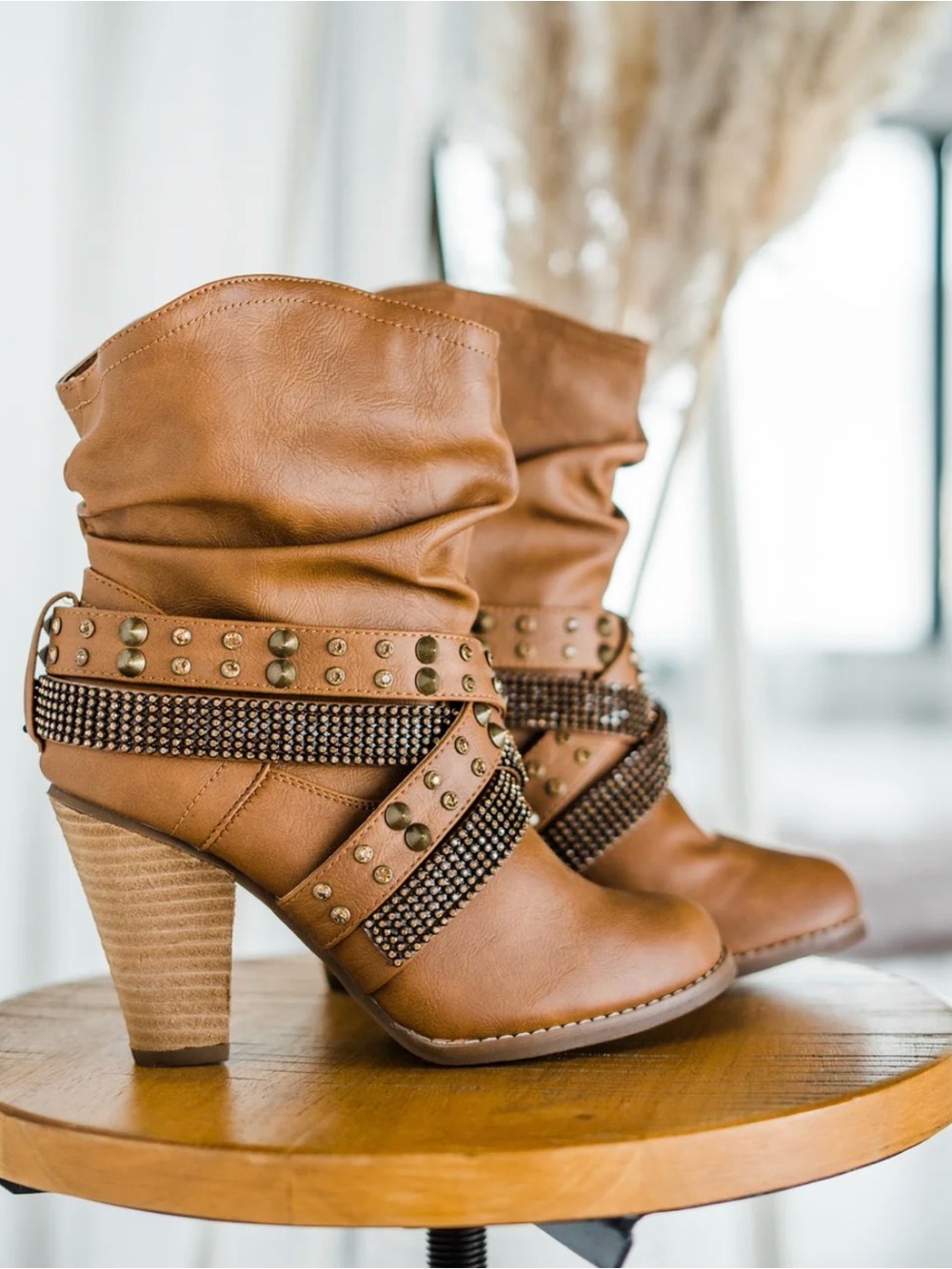 Not Rated Tan Studded Slouch Mid-Heel Boots NEW